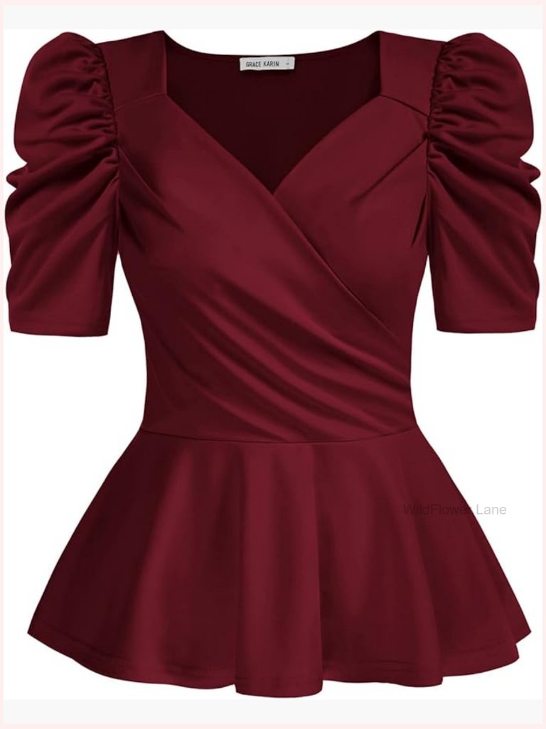 Women's Elegant Peplum Wrap Top V Neck Puff Short Sleeve Blouse